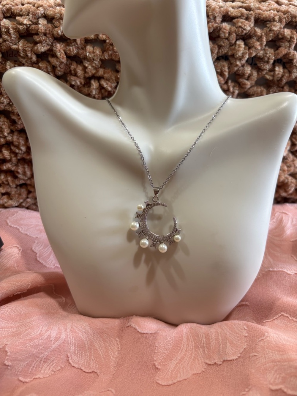 Silver Pearl Crescent Pendant Necklace - Women Jewelry